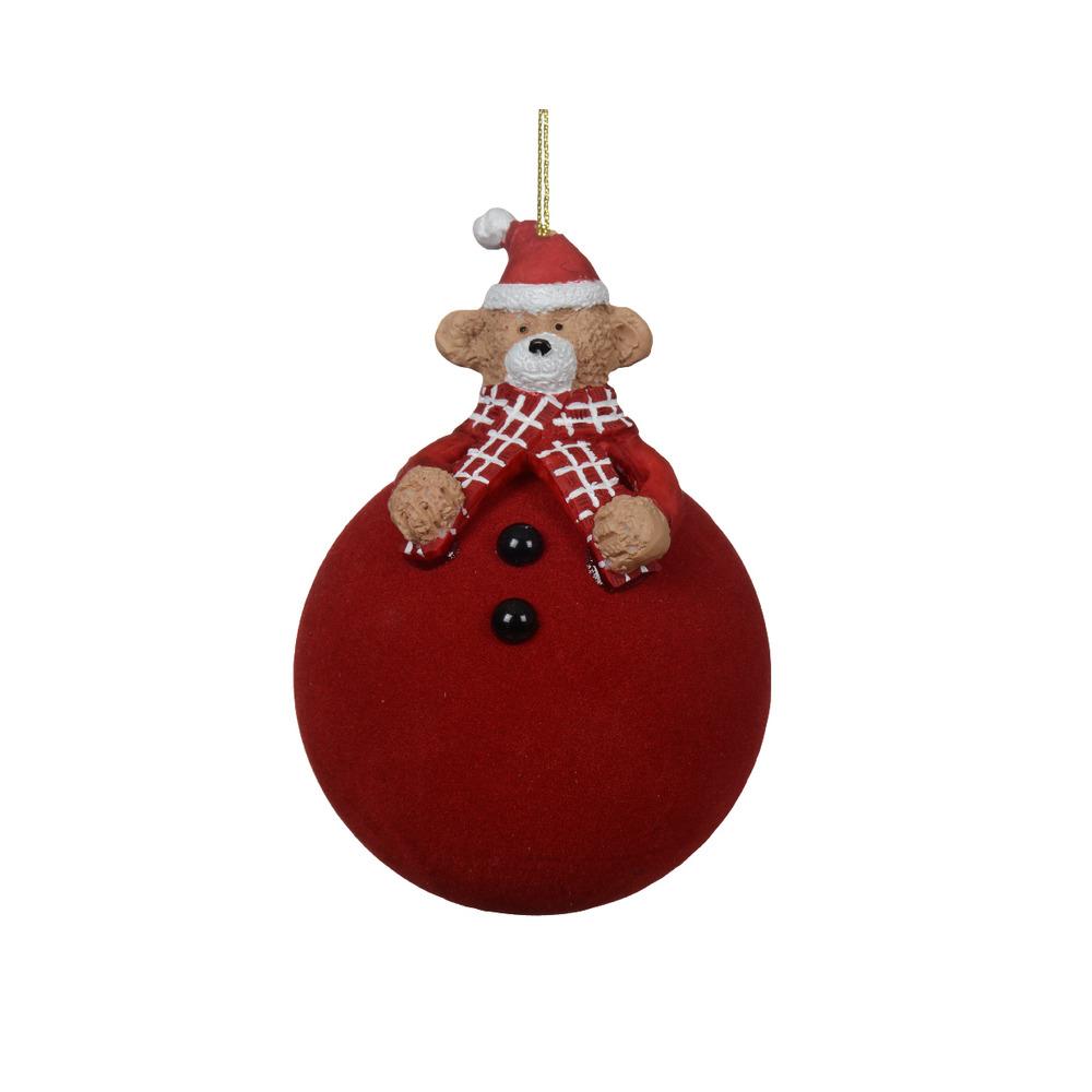 Decoris Glass Bauble with Velvet Finish and Bear 8cm - Oxblood