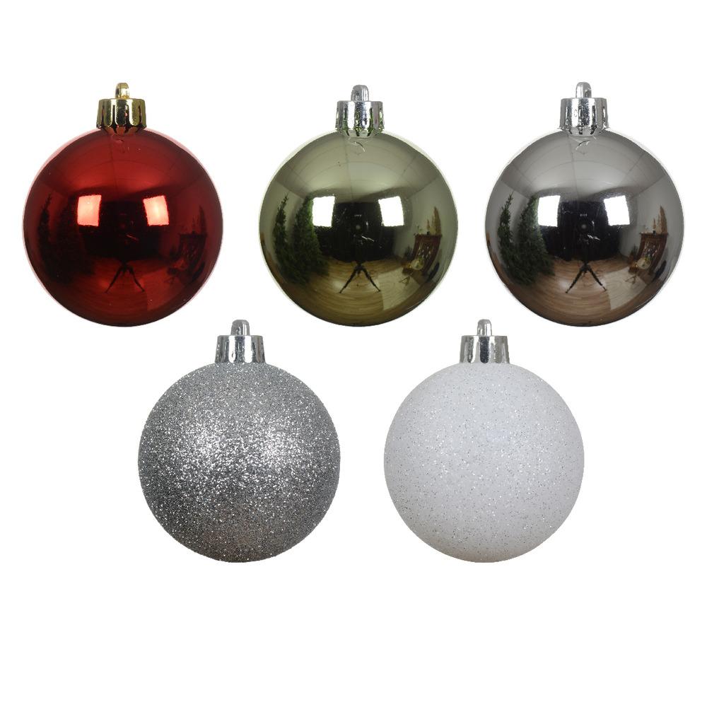 Decoris Shatterproof Bauble Box of 30 Pieces 6cm - Red, Mistletoe Green, Silver and White