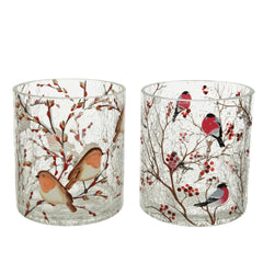 Decoris Glass Tealight Holder with Crackle Bird 11 x 13cm - 2 Assorted