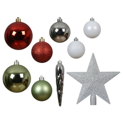 Decoris Shatterproof Bauble Set of 33 Pieces with Star Tree Topper - Green, Red, Silver and White