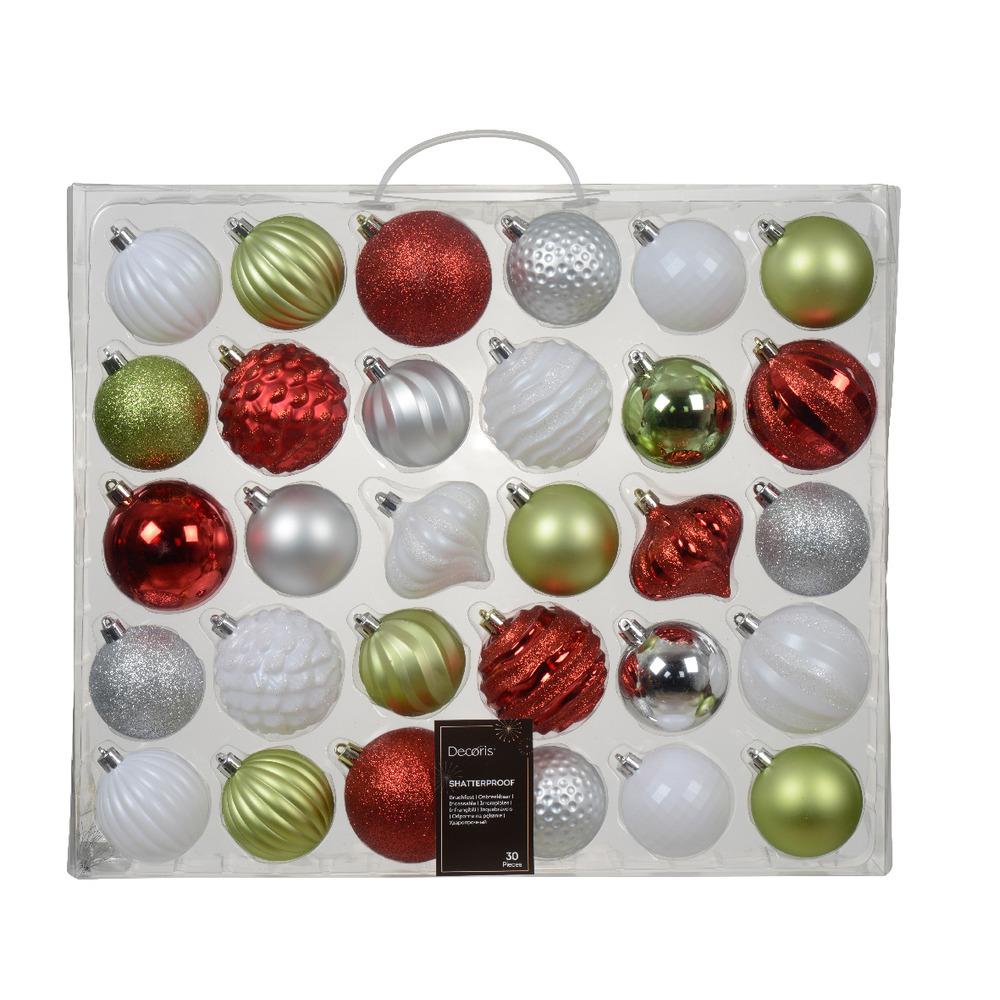 Decoris Shatterproof Bauble Set of 30 Pieces Mixed Sizes - White, Green Tea, Red and Silver