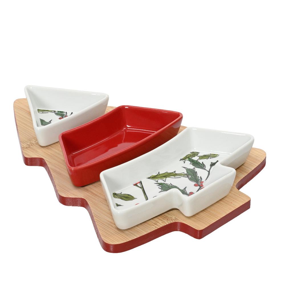 Kitchen Goods Porcelain Tapas Set with Board and Holly Pattern - Christmas Tree