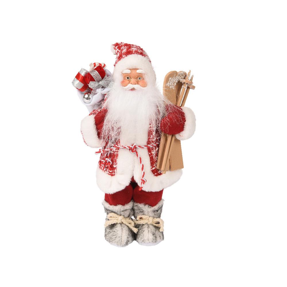 Decoris Polyester Santa Figure with Glasses, Giftbag and Skis 30cm - Red/White