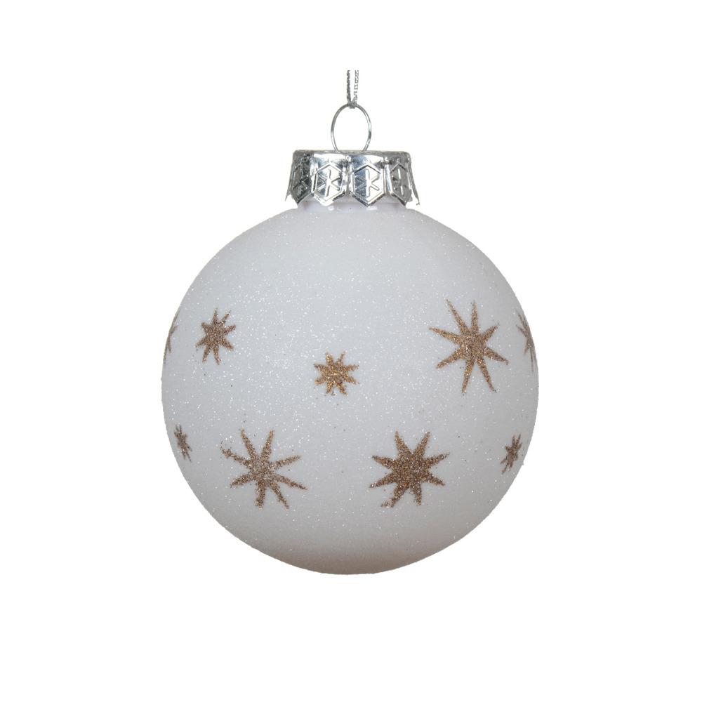 Decoris Shatterproof Bauble with Sugar Finish and Gold Stars 8cm - White